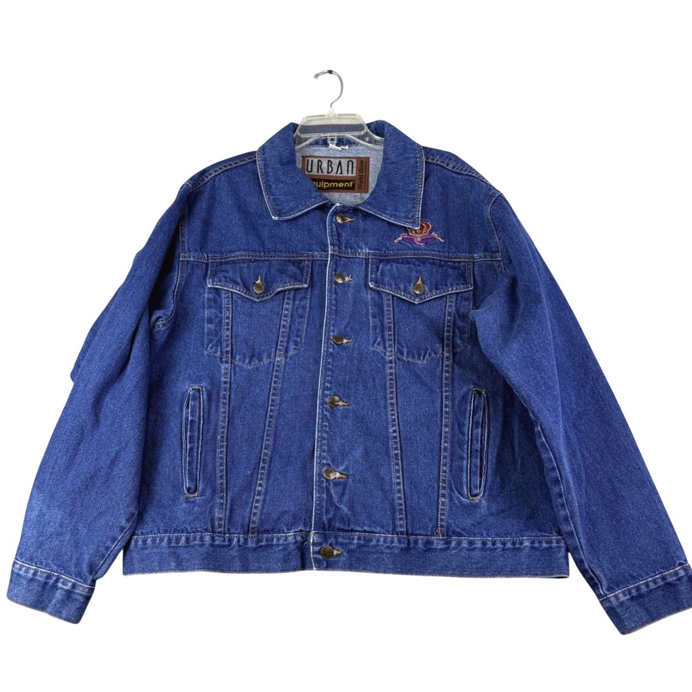 Urban Equipment XL Blue Denim Crown Royal Trucker Jacket Embroidered Logo VTG